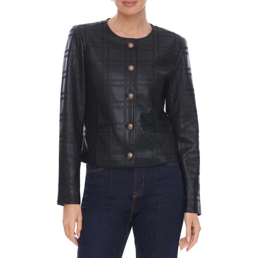 NWT Bagatelle Collection Faux Leather Lattice Jacket Black Gold Crest Buttons M